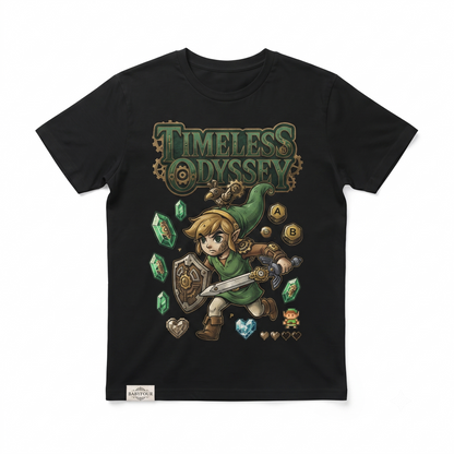 Retro Video Game Graphic Tee - Green Elf Boy with Sword and Shield T-Shirt - Black