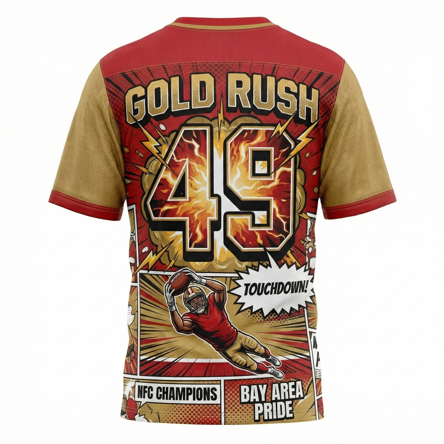 San Fran Gold Rush Comic Vibe Football Jersey | Bay Area Red & Gold AOP Gridiron Shirt | 90s Bootleg Streetwear