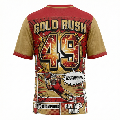 San Fran Gold Rush Comic Vibe Football Jersey | Bay Area Red & Gold AOP Gridiron Shirt | 90s Bootleg Streetwear