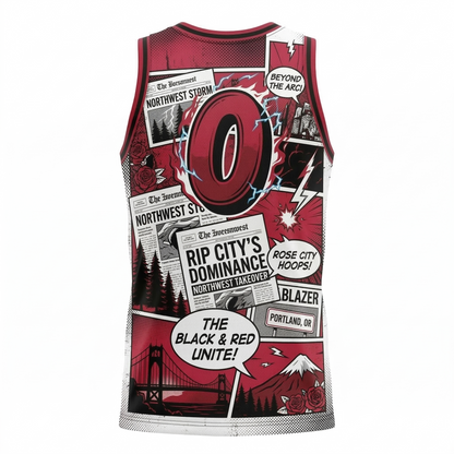 Rip City Retro Comic Book Basketball Jersey | Unisex All-Over Print Portland Hoops Tank Top | Red & Black Streetwear