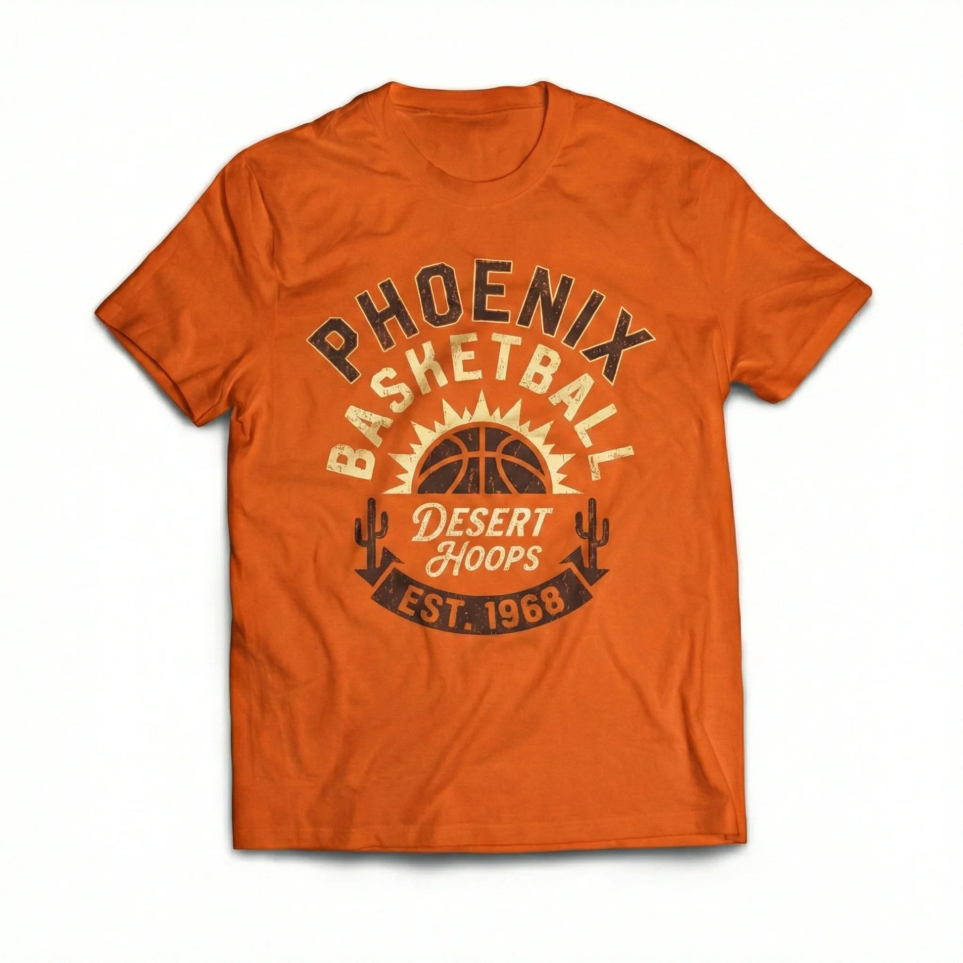 Orange t-shirt with Phoenix Basketball Desert Hoops Est. 1968 graphic and cacti design