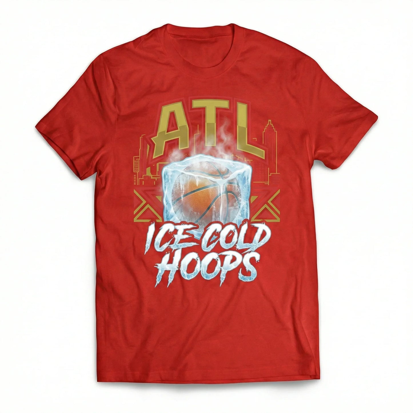 Red t-shirt with ATL, ice cube basketball graphic, and 'Ice Cold Hoops' text