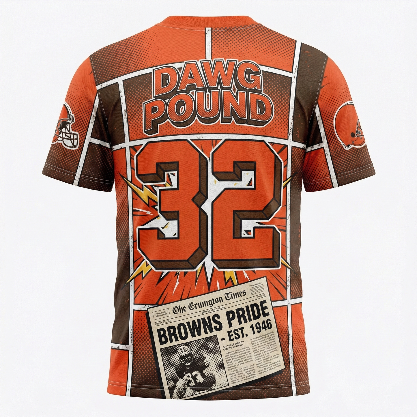Premium Cleveland Dawg Gridiron Comic Style AOP Football Jersey - Orange & Brown Tailgate Shirt