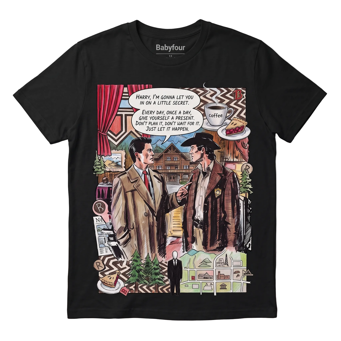 Red Room Mysterious Lodge Black Graphic Apparel - Pacific Northwest Detective Drama Unisex Tshirt