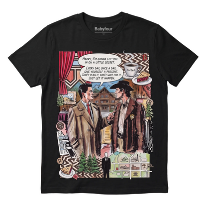 Red Room Mysterious Lodge Black Graphic Apparel - Pacific Northwest Detective Drama Unisex Tshirt