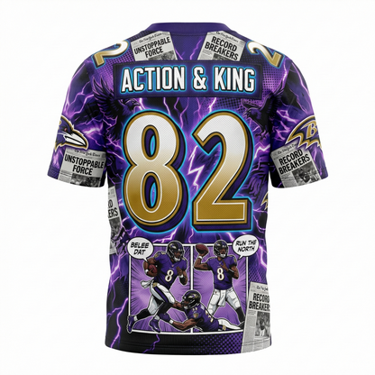 Vintage Charm City Football Comic Art Men's All-Over Print Jersey | Purple and Black Flock Hypebeast Streetwear | Dynamic MVP Graphic Shirt