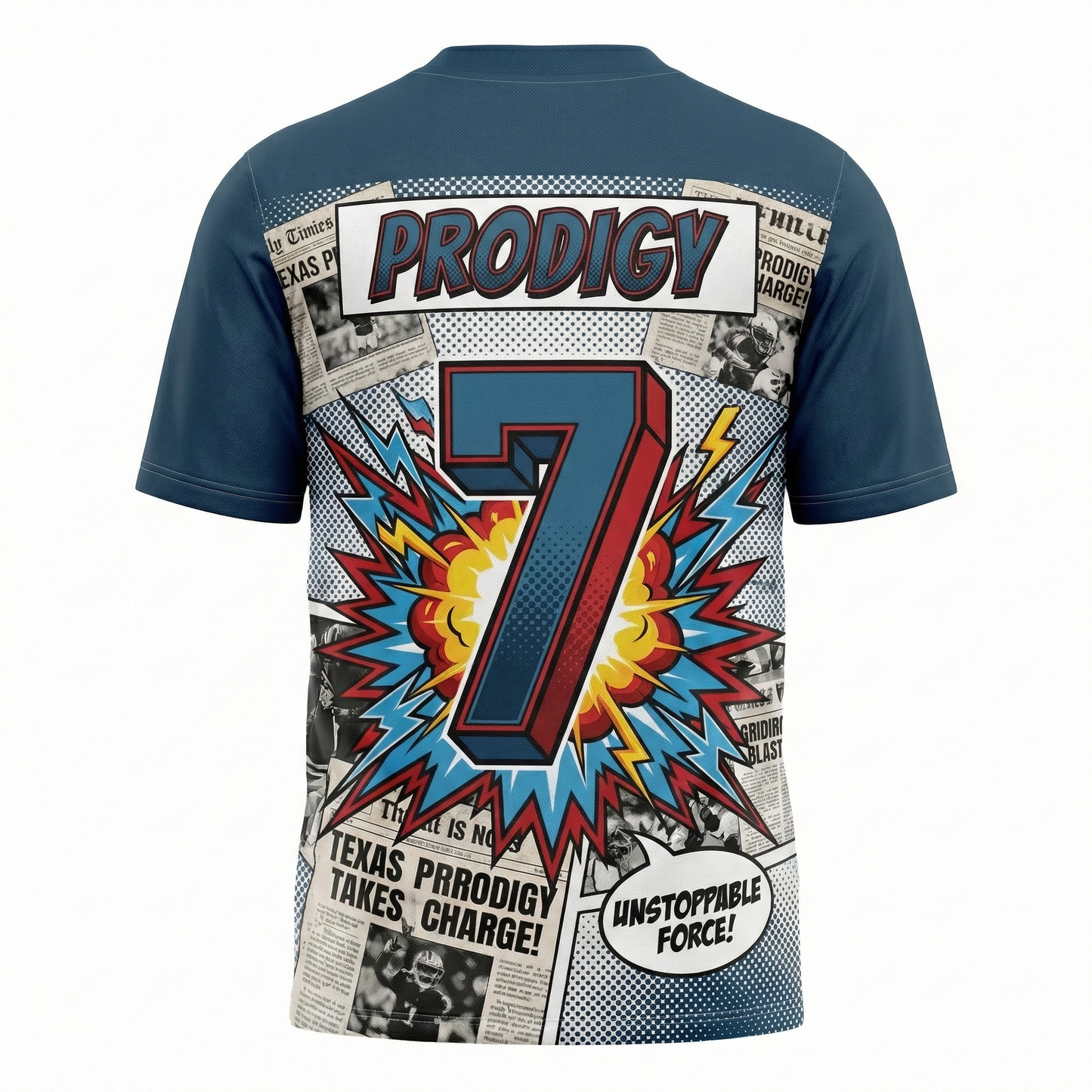 H-Town Gridiron Comic Style Football Jersey | 90s Bootleg Texas Blue & Red All-Over Print Shirt