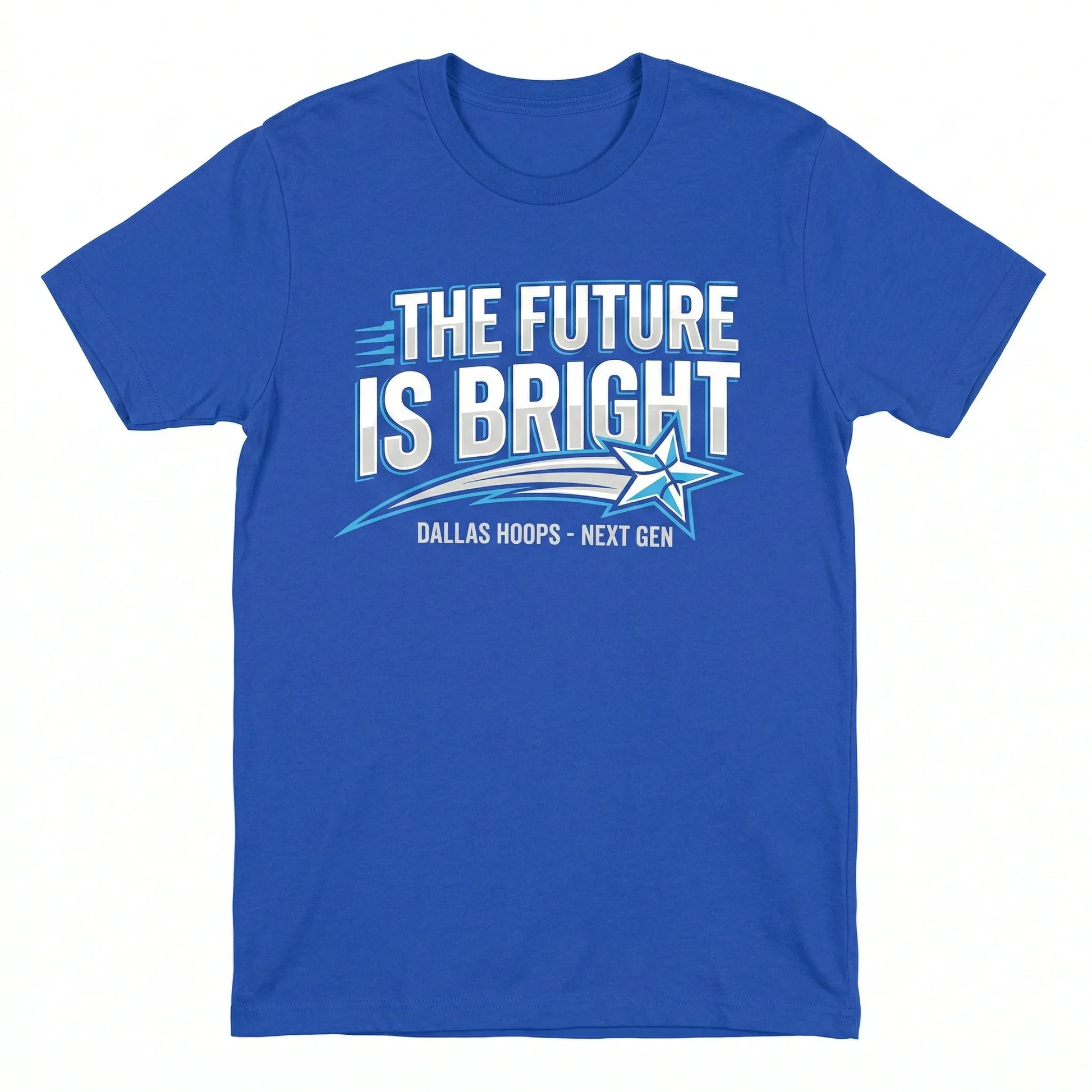 Blue graphic t-shirt with 'The Future is Bright Dallas Hoops Next Gen' text and star design.