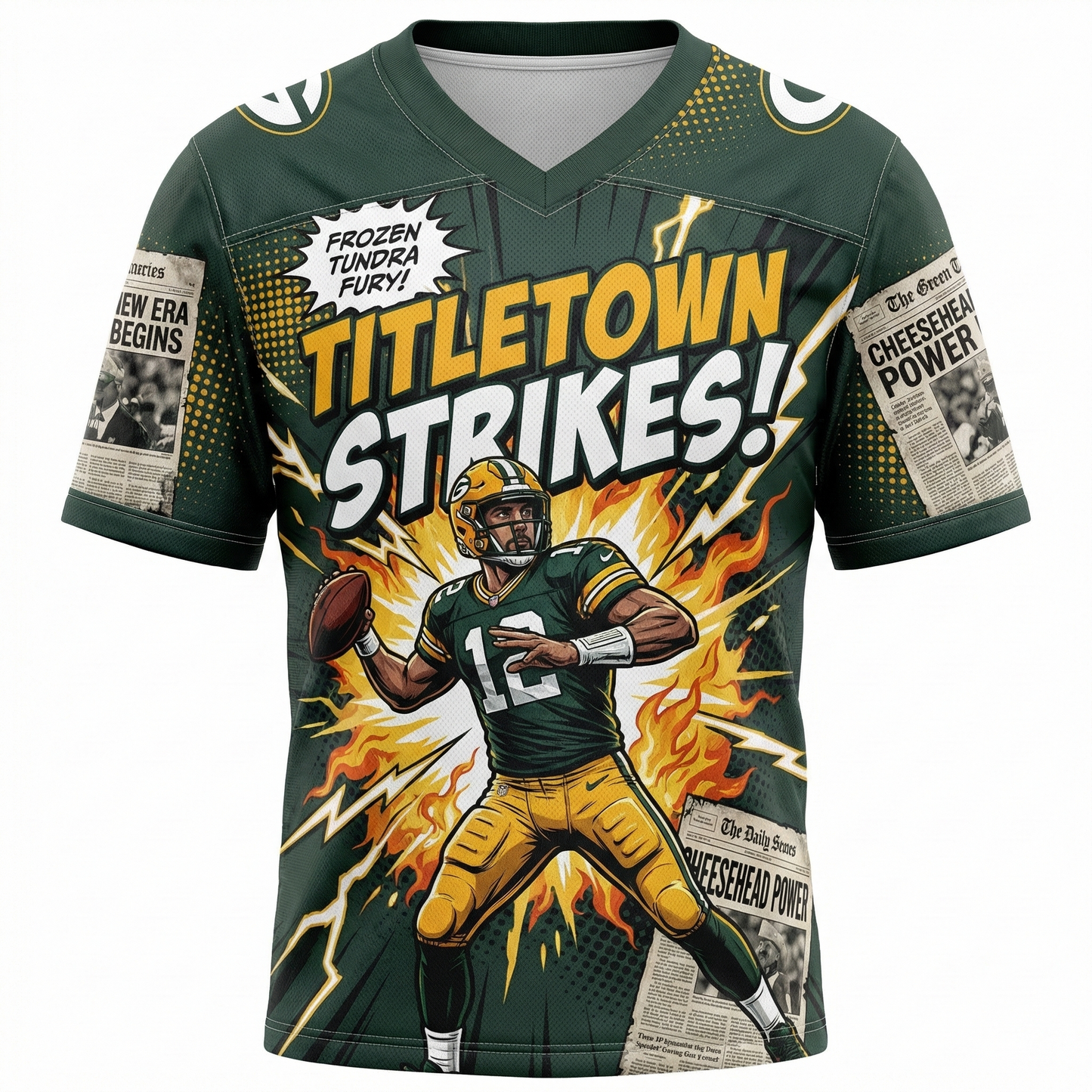Titletown Gridiron Hero Comic Style AOP Football Jersey - Green & Gold Fan Apparel