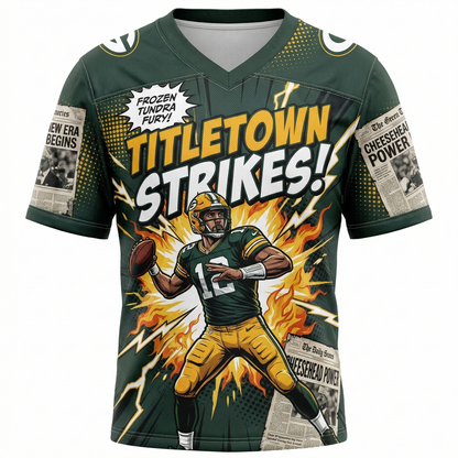 Titletown Gridiron Hero Comic Style AOP Football Jersey - Green & Gold Fan Apparel