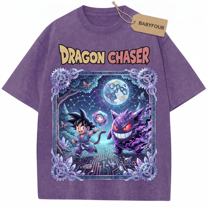 Vintage 90s Anime Crossover Unisex T-Shirt - Spooky Purple Ghost Monster & Monkey Tail Fighter Graphic Tee