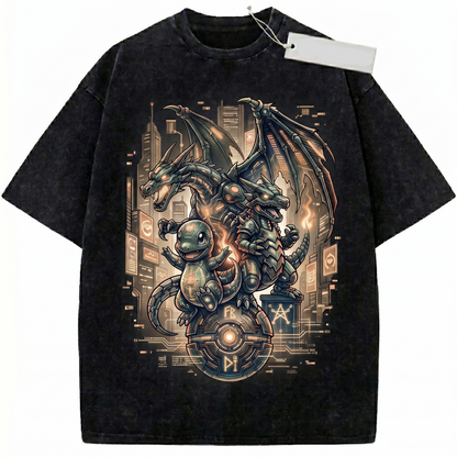 Vintage Fire Lizard Evolution Anime Graphic Unisex Tshirt, Retro Pocket Monster Starter Tee