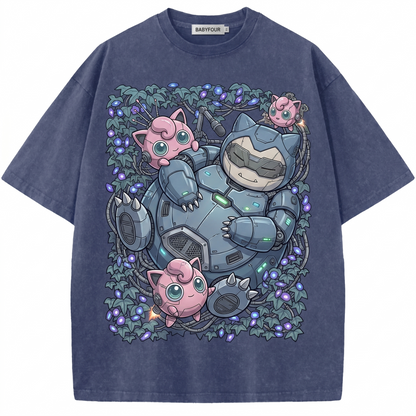 Vintage Sleepy Giant vs Pink Singer Graphic Tee - Retro Anime Creature Unisex T-Shirt