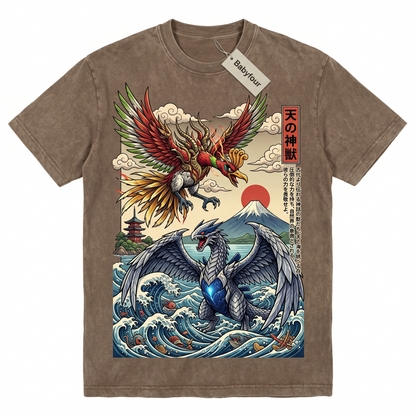 Vintage Ukiyo-e Mythical Beasts T-Shirt - Legendary Phoenix vs Sea Guardian Anime Graphic Unisex Tee