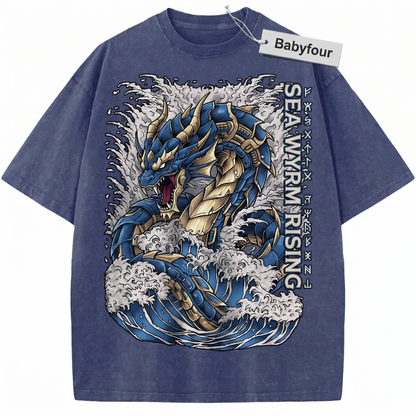 Vintage Japanese Anime Blue Water Dragon Unisex T-Shirt Retro Sea Monster Graphic Tee