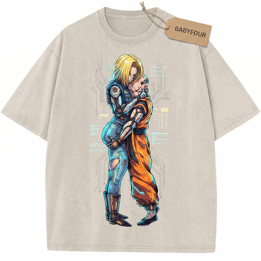 Vintage 90s Fighting Anime Couple Graphic Unisex T-Shirt - Retro Cyborg Girl and Bald Monk Embrace Tee