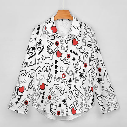 White button-up shirt with black love-themed text and red heart patterns, hanging on hanger