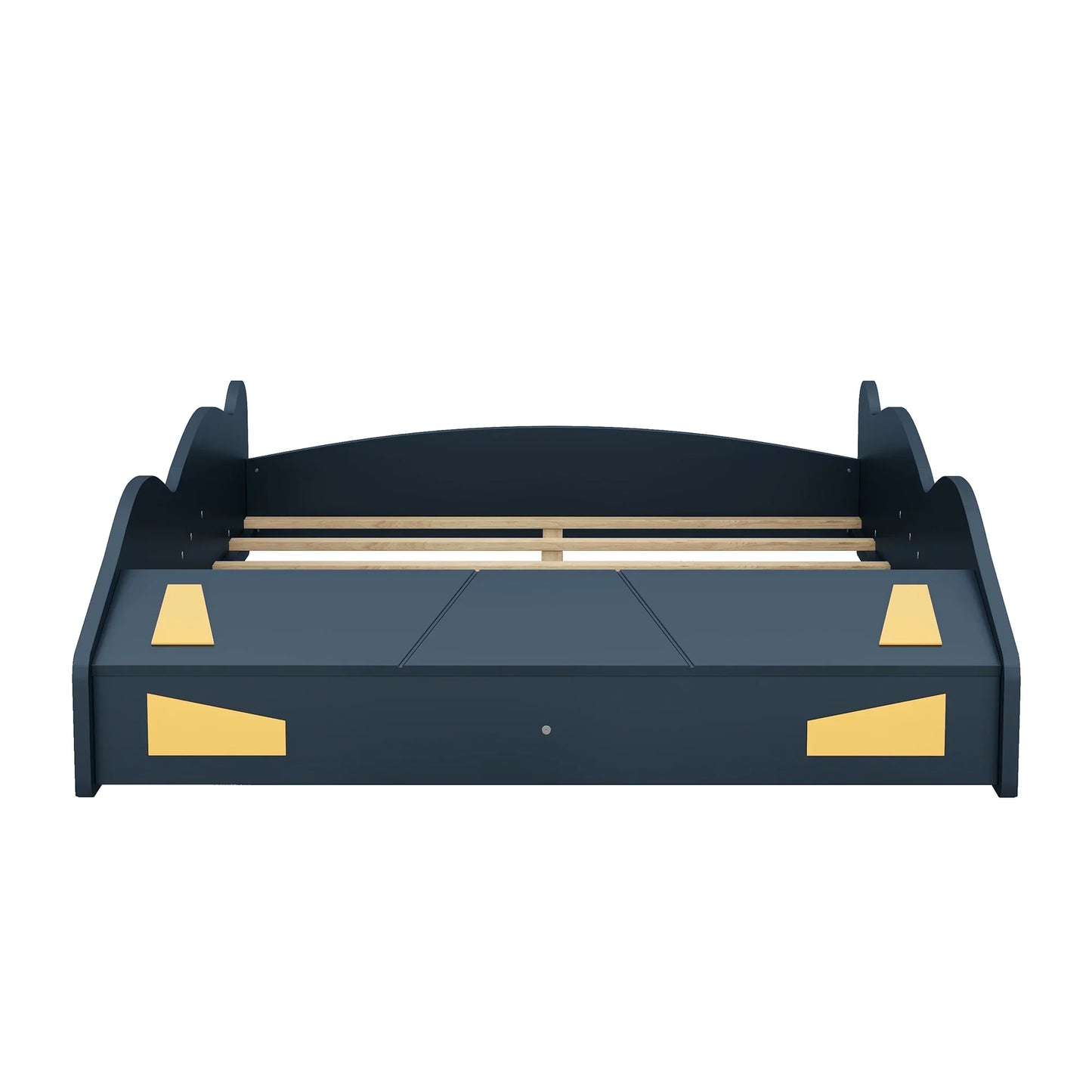 Full Size Race Car-Shaped Platform Bed with Wheels and Storage, Dark Blue+Yellow