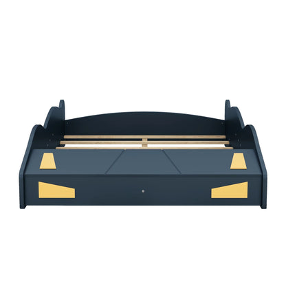 Full Size Race Car-Shaped Platform Bed with Wheels and Storage, Dark Blue+Yellow