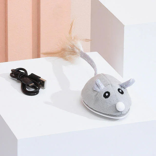 Electric Mouse Pet Cat Toy USB Rechargeable Flocking Mouse Cat Feather Cat Stick