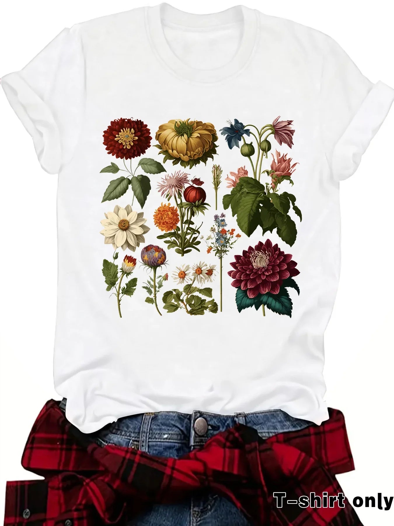 White t-shirt with colorful vintage botanical flower print, casual outdoor style.