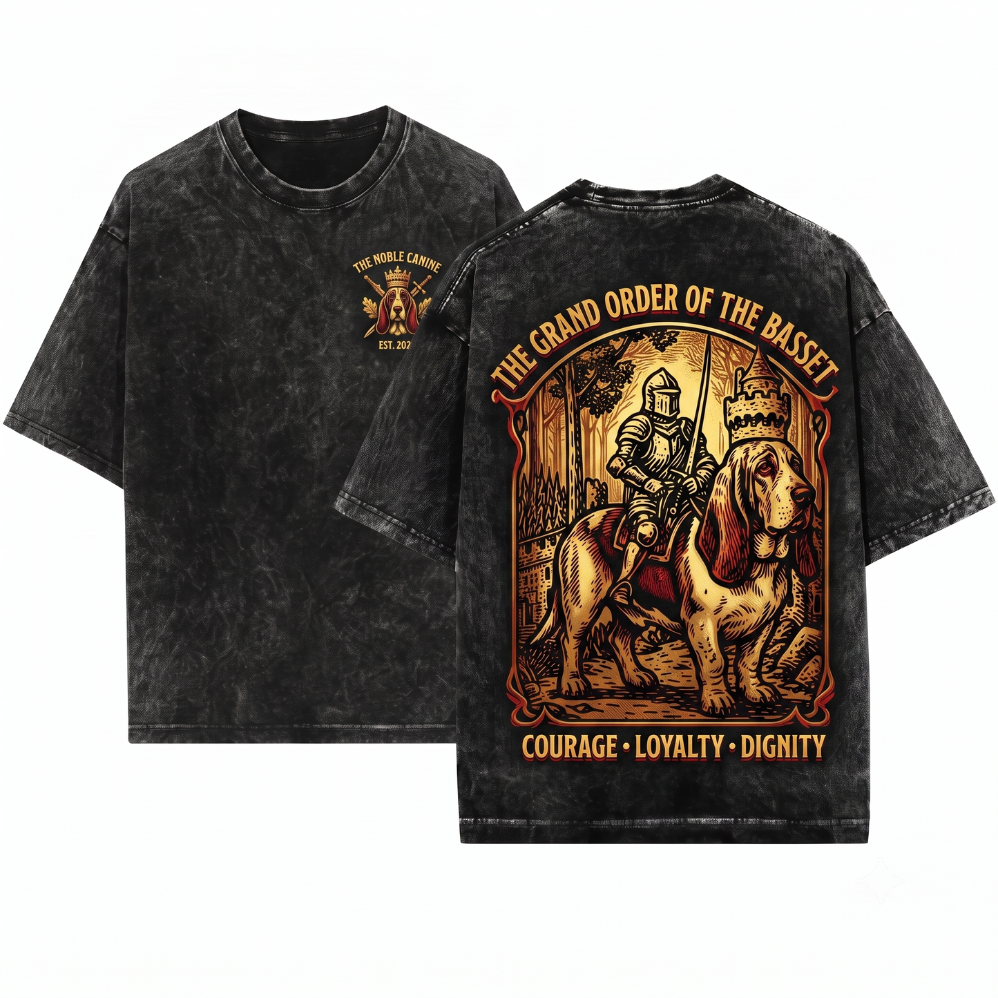 Retro 90s Medieval Basset Hound Knight Graphic Tee Vintage Dark Art Grimdark Funny Dog Meme Unisex Heavyweight Garment-Dyed T-Shirt