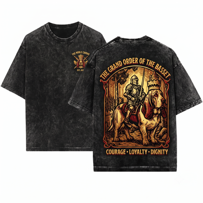 Retro 90s Medieval Basset Hound Knight Graphic Tee Vintage Dark Art Grimdark Funny Dog Meme Unisex Heavyweight Garment-Dyed T-Shirt