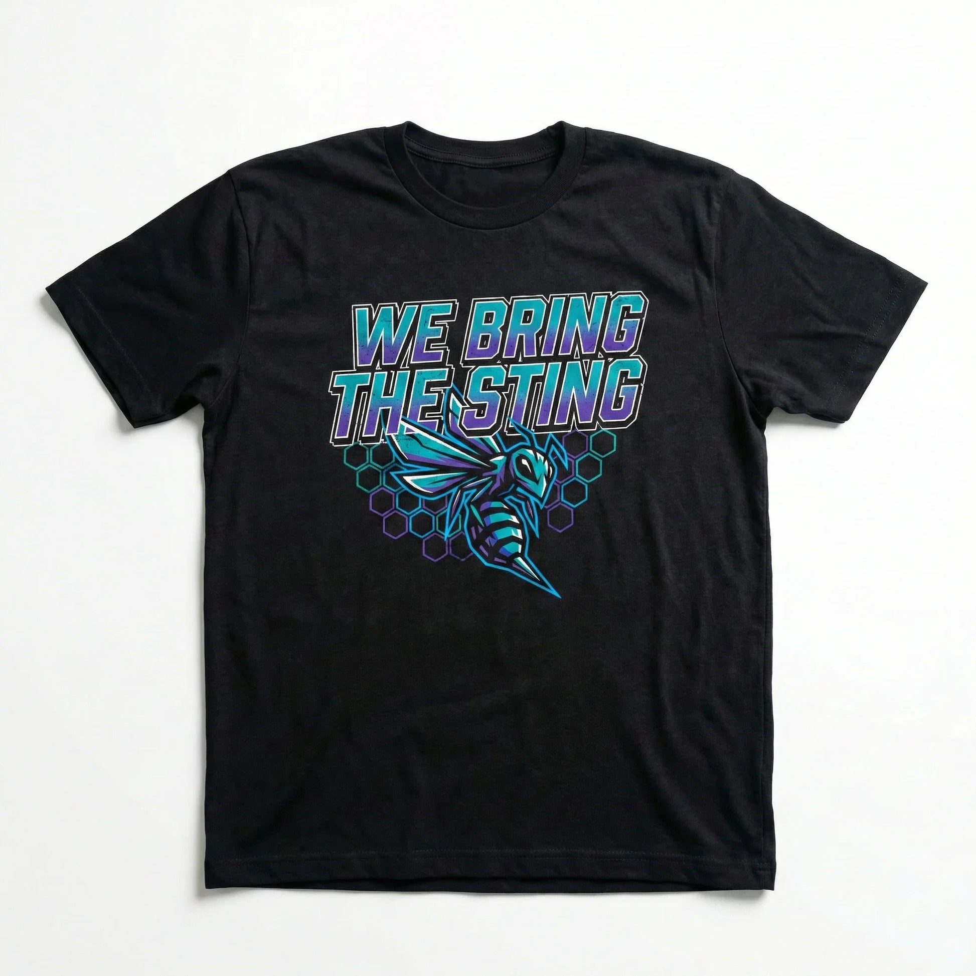 Black graphic t-shirt with 'We Bring The Sting' and a hornet design, hexagon pattern