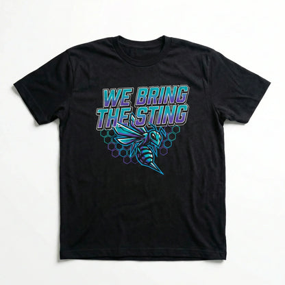 Black graphic t-shirt with 'We Bring The Sting' and a hornet design, hexagon pattern