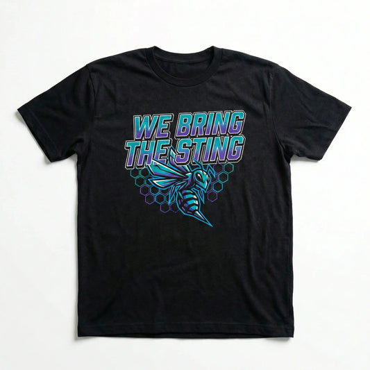 Black graphic t-shirt with 'We Bring The Sting' and a hornet design, hexagon pattern