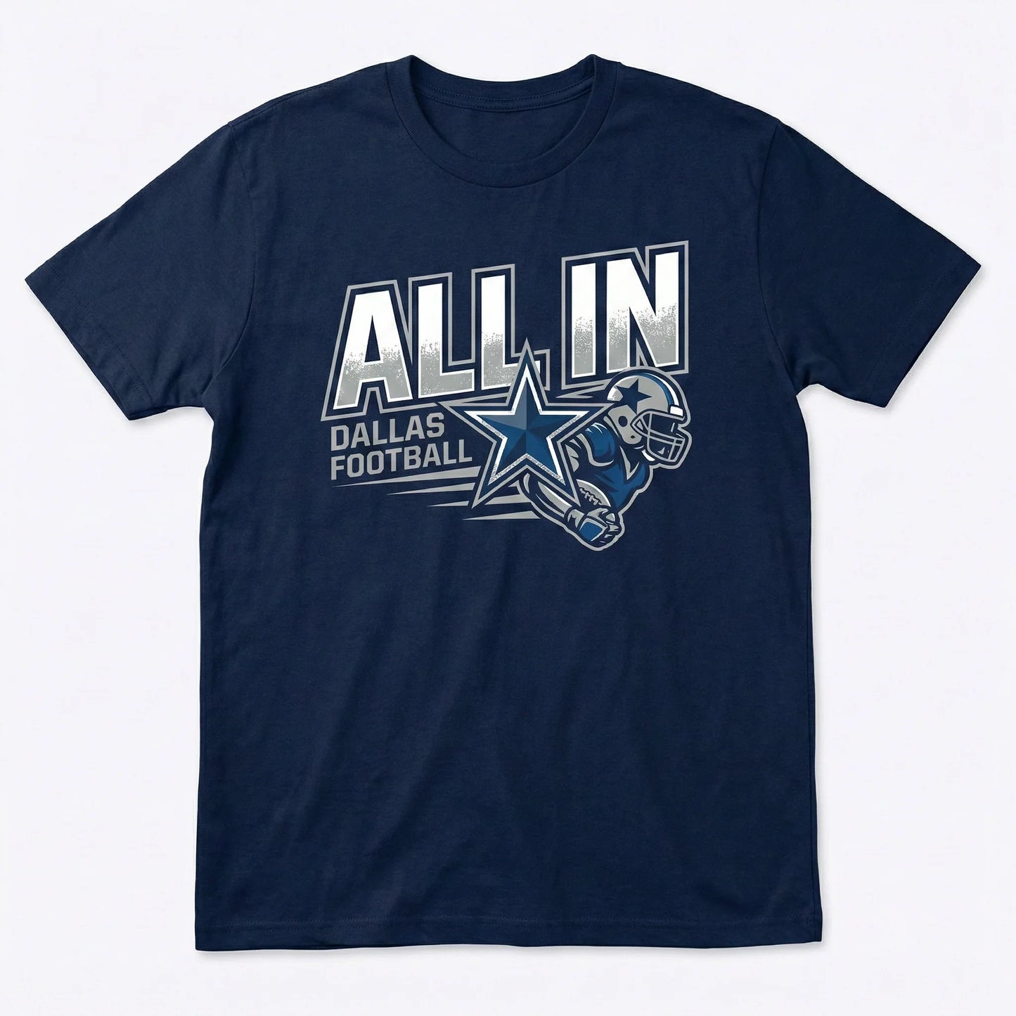 Navy blue t-shirt with 'ALL IN DALLAS FOOTBALL' and football player graphic