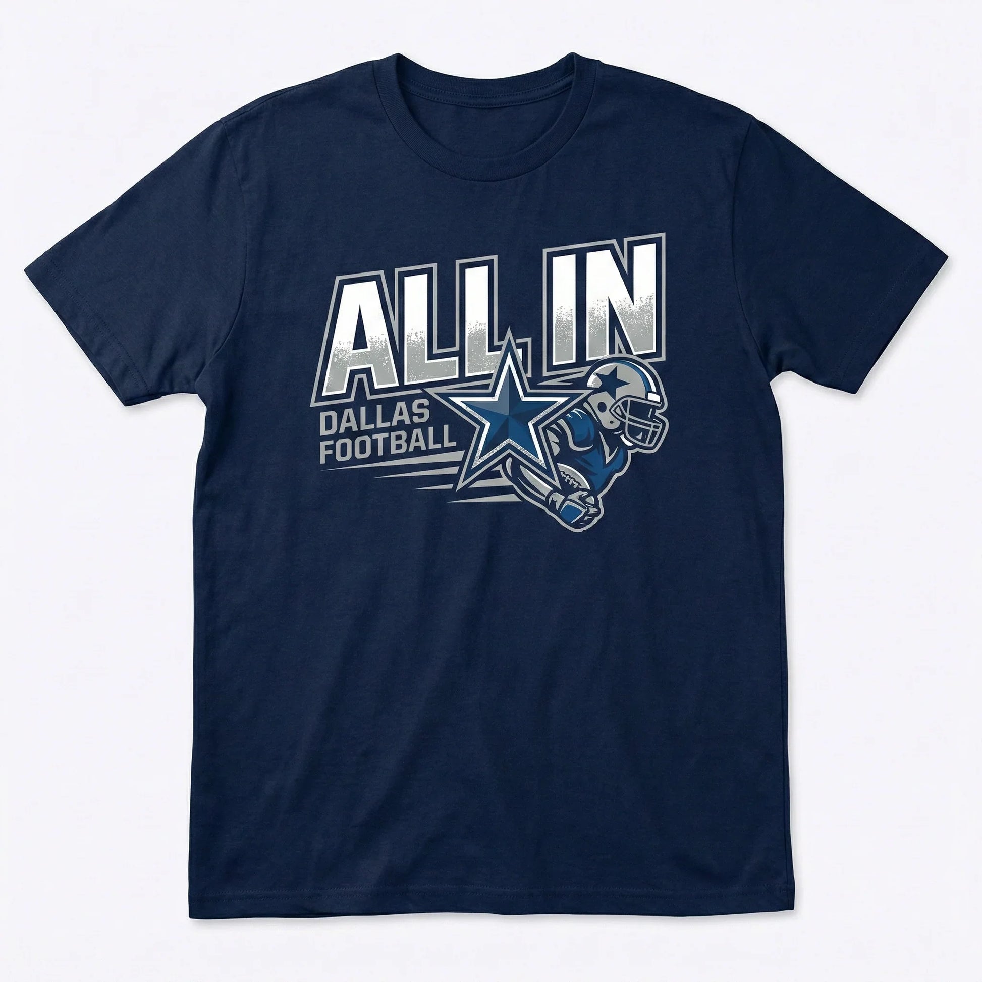 Navy blue t-shirt with 'ALL IN DALLAS FOOTBALL' and football player graphic
