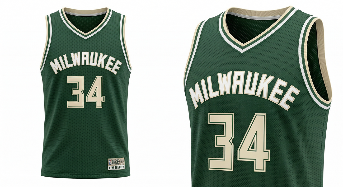 Milwaukee Basketball Jersey - Men's/Unisex Cream City Cream & Green Mesh Tank Top - MKE 34 Heritage Style