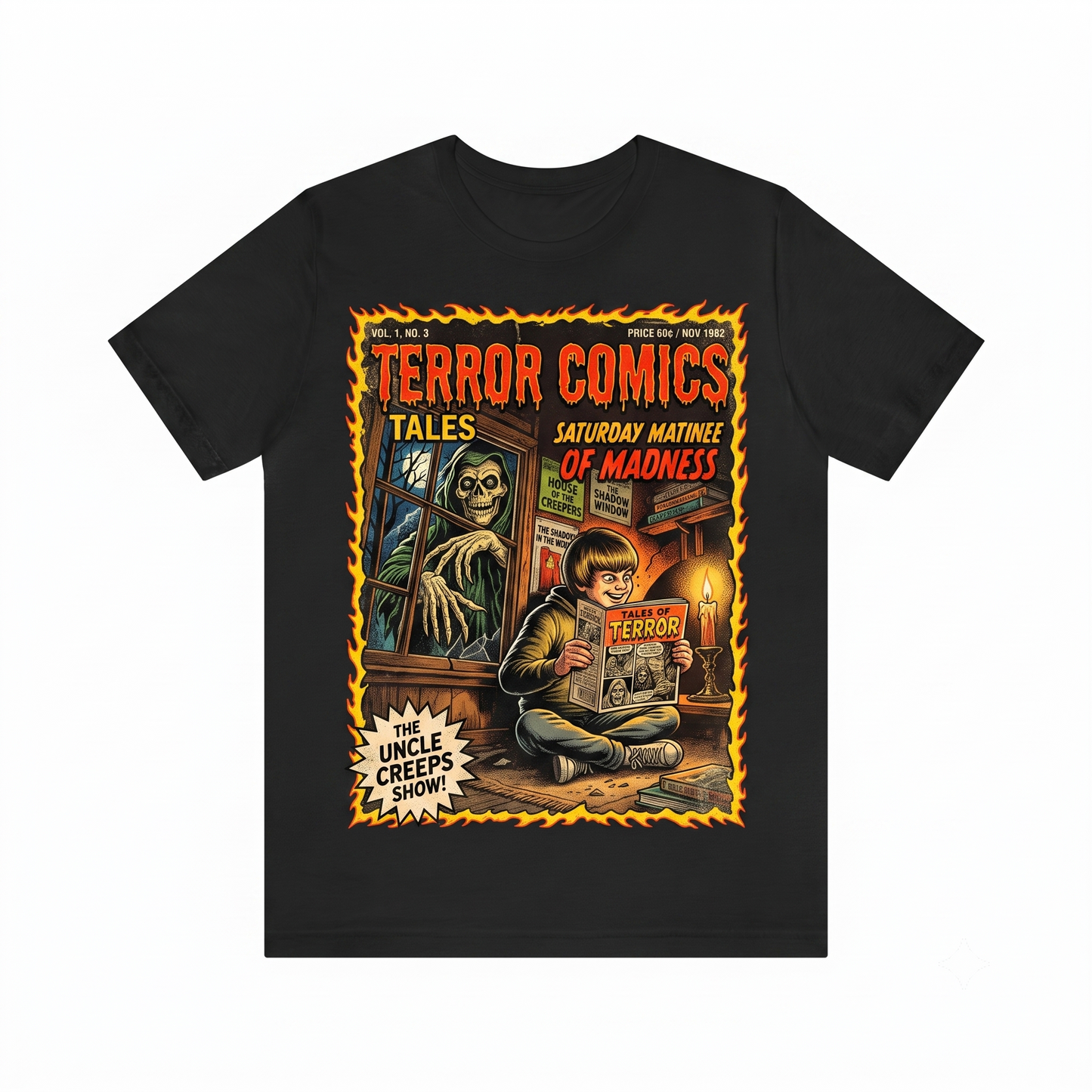 Vintage Horror Comic Book Graphic Tee Retro Spooky 1980s Scary Movie Pulp Art Gothic Skeleton Apparel Unisex T-shirt