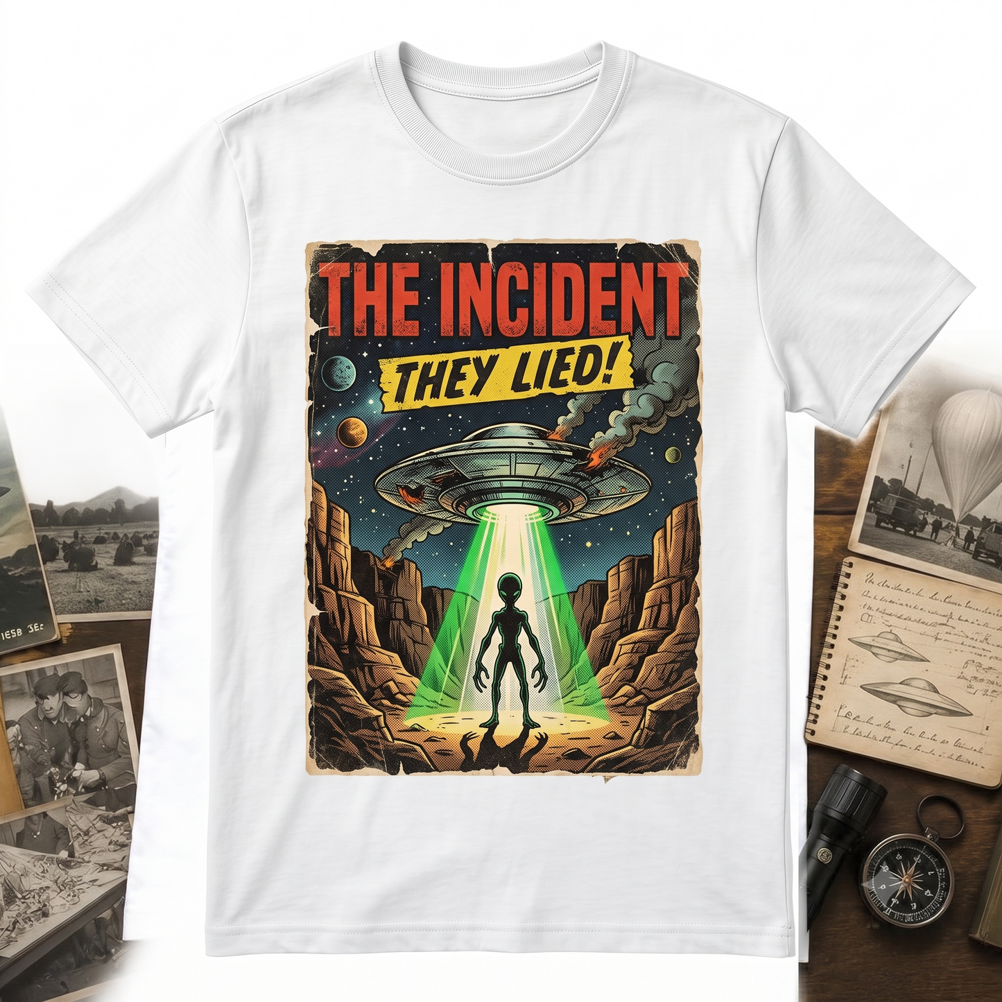 Vintage Roswell UFO Incident Graphic Tee - Retro Sci-Fi Alien Believer Flying Saucer Shirt Unisex T-shirt