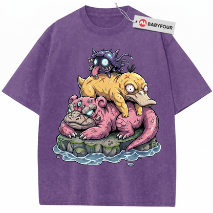 Vintage Acid Wash Cartoon Water Monster Stack Retro Graphic Heavyweight Unisex T-Shirt