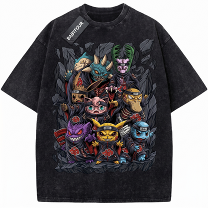 Gamer Squad Vintage Washed Graphic Tee - Retro Pocket Monster Akatsuki Inspired Unisex T-shirt