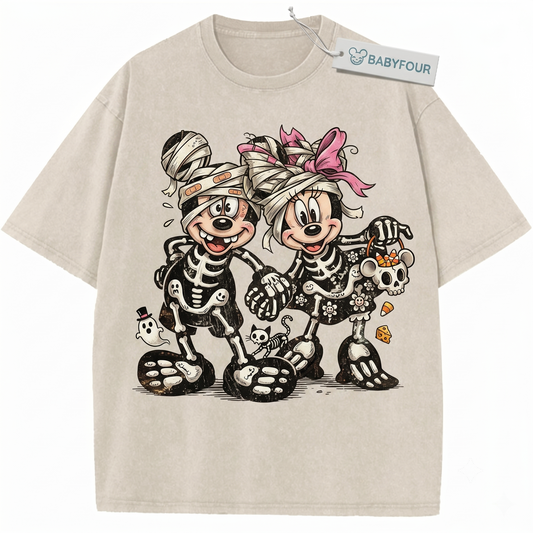 Retro Spooky Cartoon Mouse Couple Halloween Graphic Tee Vintage Animated Mice Outfit Unisex T-shirt