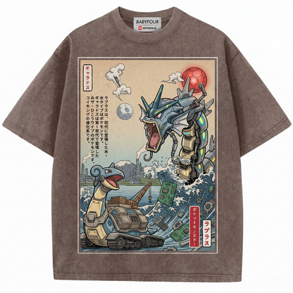 Epic Water Dragon vs Sea Monster Vintage Graphic Tee - Retro Anime Style Unisex T-shirt
