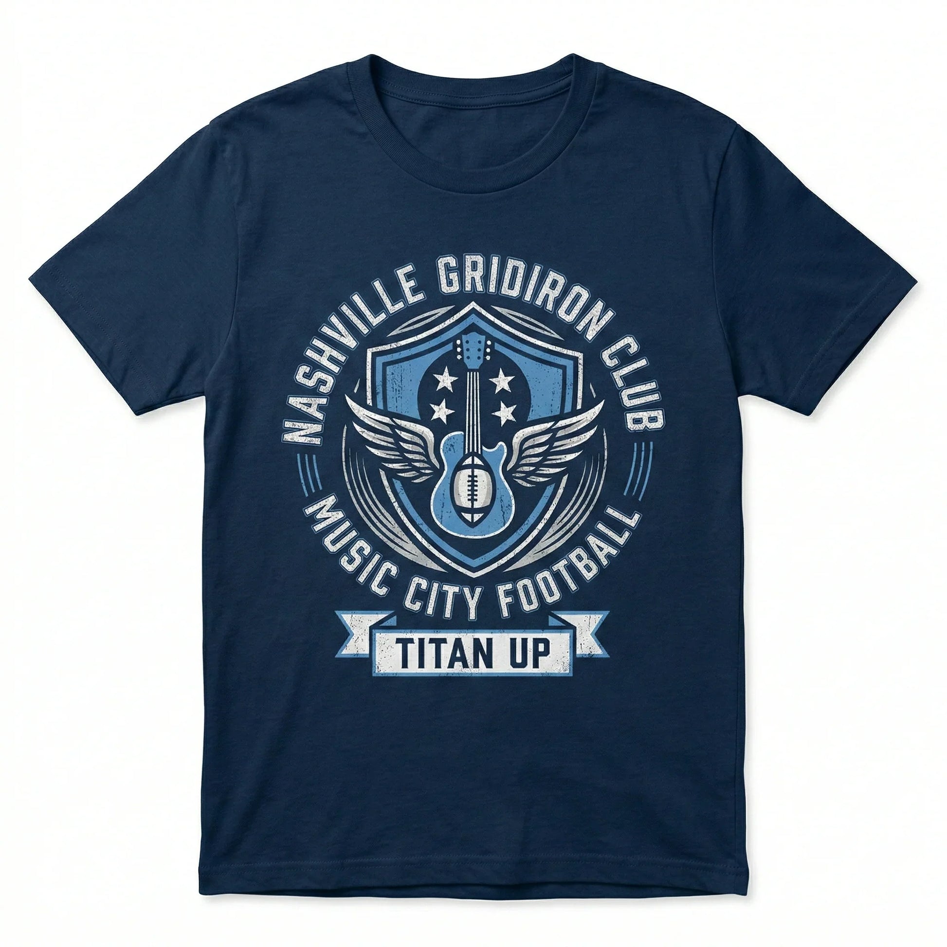 Navy blue t-shirt with Nashville Gridiron Club Music City Football and Titan Up graphic.