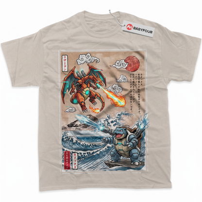 Japanese Retro Monster Wave Graphic Tee - Vintage Fire Dragon vs Water Turtle Anime Apparel - Unisex T-shirt