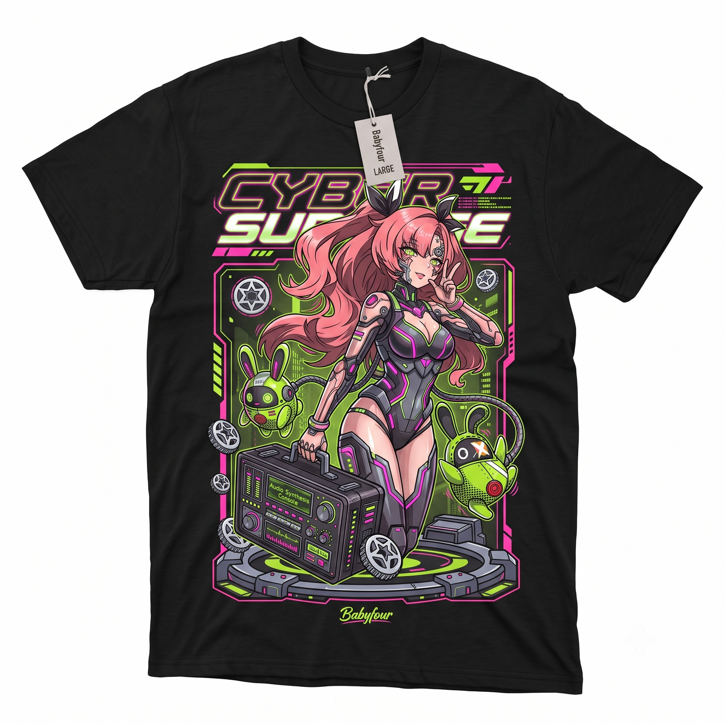 Cyberpunk Anime Girl Graphic T-Shirt - Neon Futuristic Waifu Streetwear Unisex Black Tee