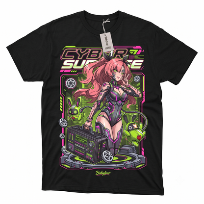 Cyberpunk Anime Girl Graphic T-Shirt - Neon Futuristic Waifu Streetwear Unisex Black Tee