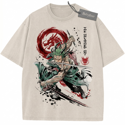 Anime Green Hair Swordsman Three-Sword Style Funny Chibi Graphic Tee Vintage Retro Unisex T-shirt