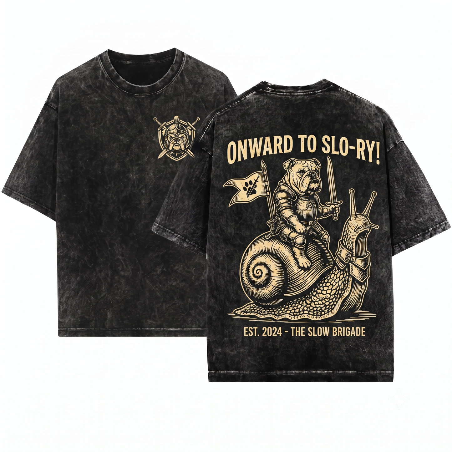Funny Medieval Bulldog Knight Riding Snail Retro Grimdark Y2K Meme Dog Lover Gift Unisex Heavyweight Garment-Dyed T-Shirt