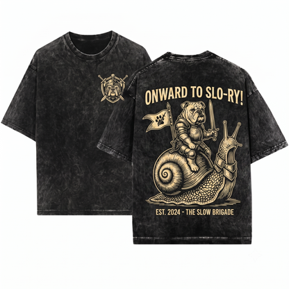 Funny Medieval Bulldog Knight Riding Snail Retro Grimdark Y2K Meme Dog Lover Gift Unisex Heavyweight Garment-Dyed T-Shirt