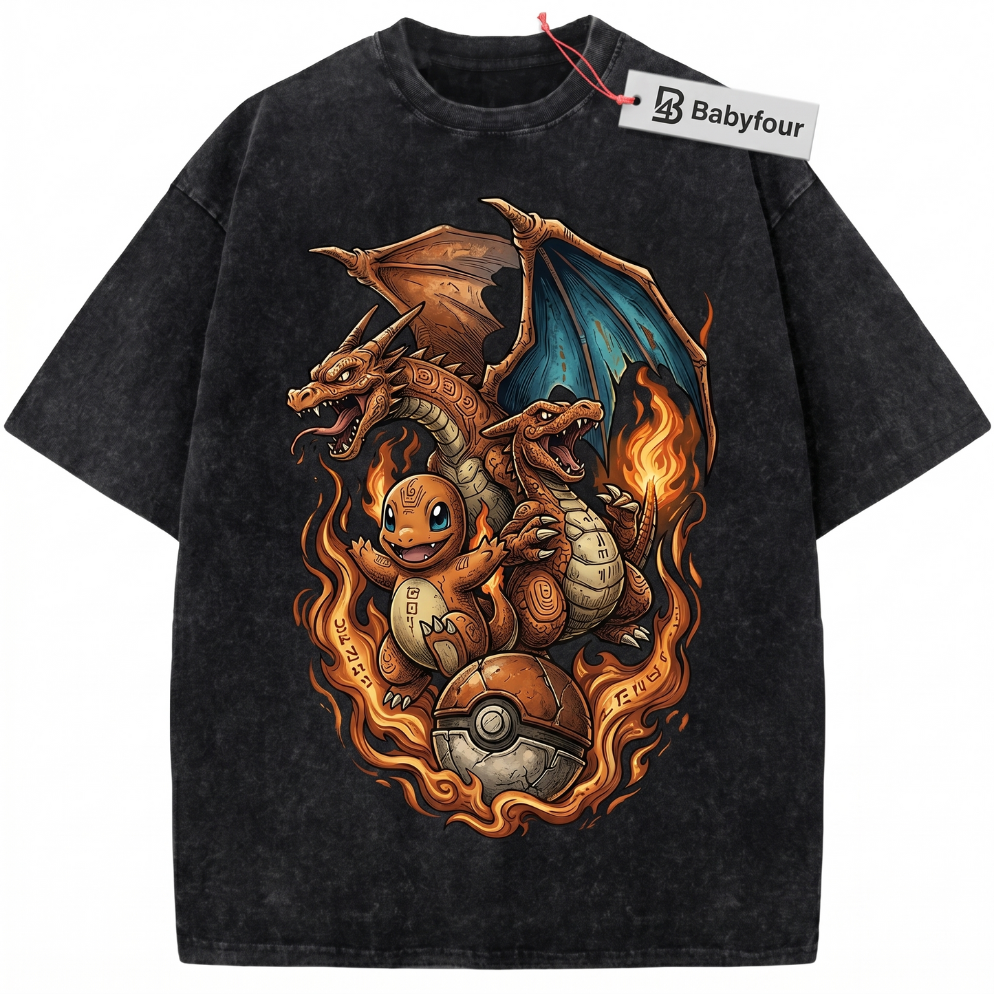 Vintage Fire Dragon Evolution Graphic Tee - Retro Anime Monster Wash Black Oversized Heavyweight Unisex T-shirt