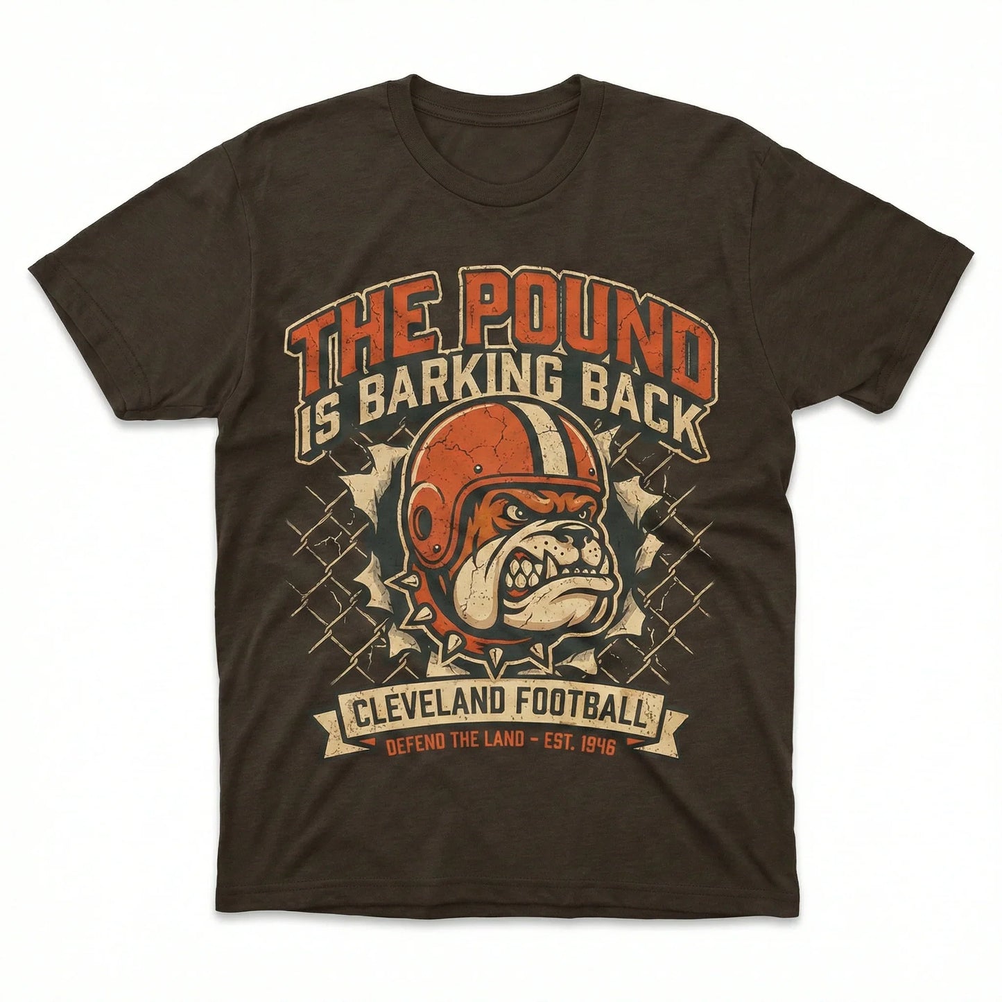 Brown graphic t-shirt with bulldog wearing helmet, football slogan, and distressed design.