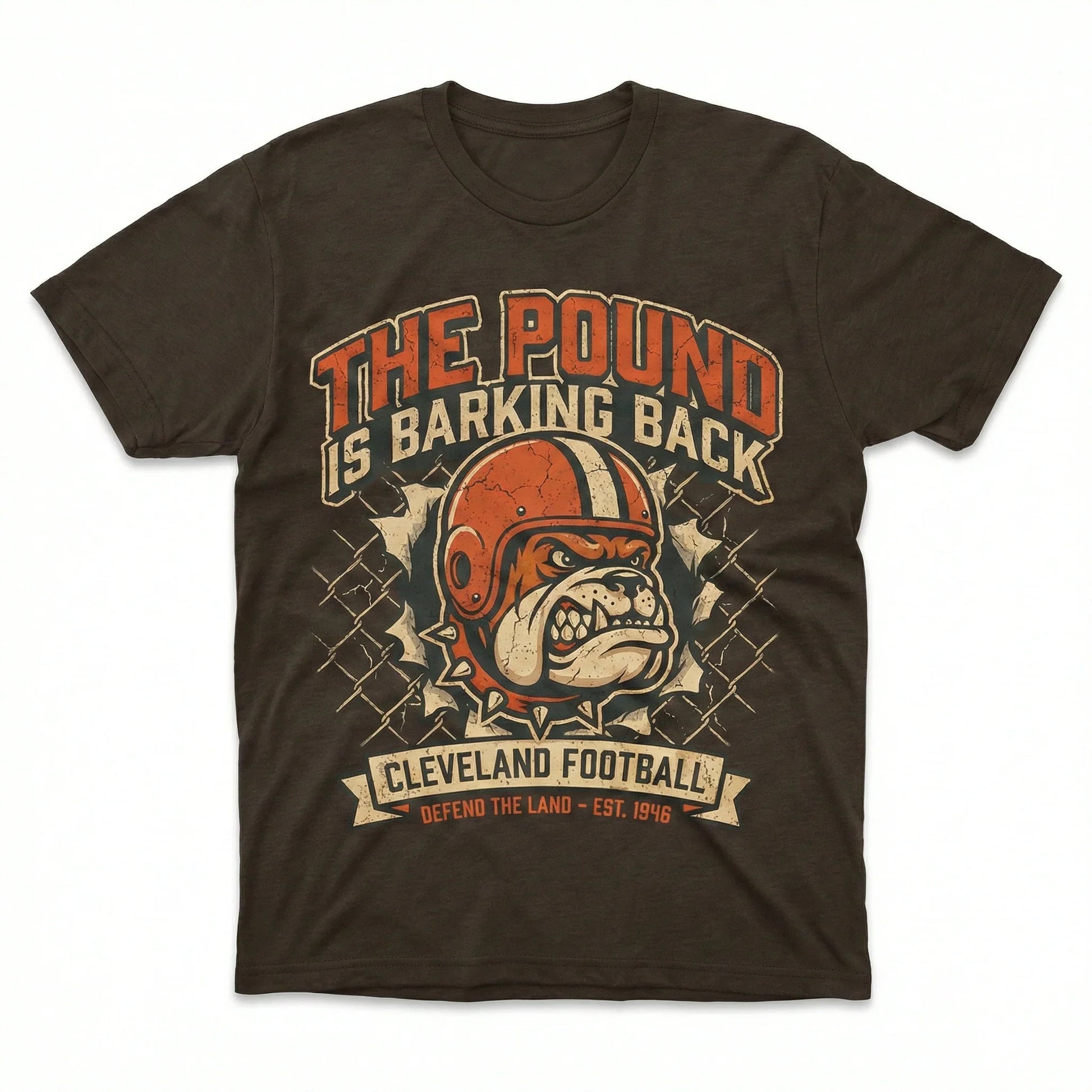 Brown graphic t-shirt with bulldog wearing helmet, football slogan, and distressed design.
