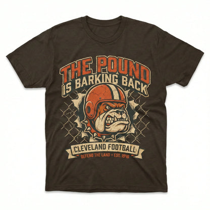 Brown graphic t-shirt with bulldog wearing helmet, football slogan, and distressed design.